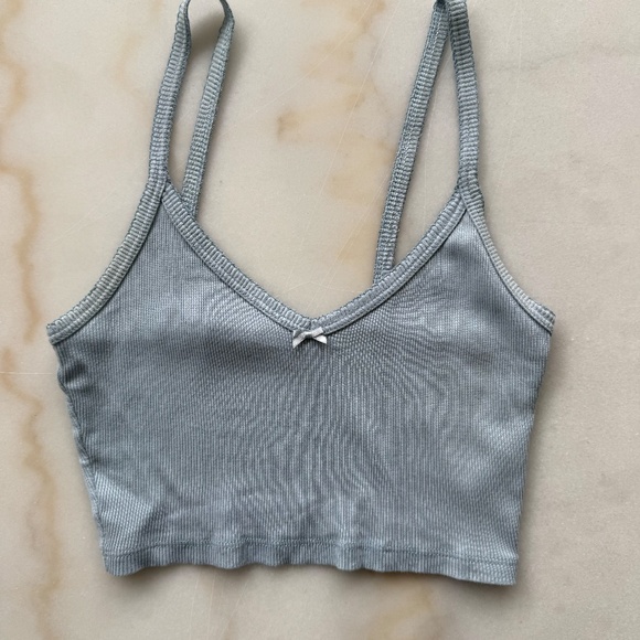 Aritzia Sunday Best Gracie Tank in Baby Blue Size XS Bow Ribbed Material V Neck - Picture 3 of 7